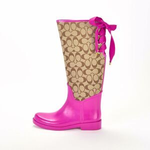 Coach Tristee Rain Boots Hot Pink Signature C Logo Lace Up Y2K Size 7.5